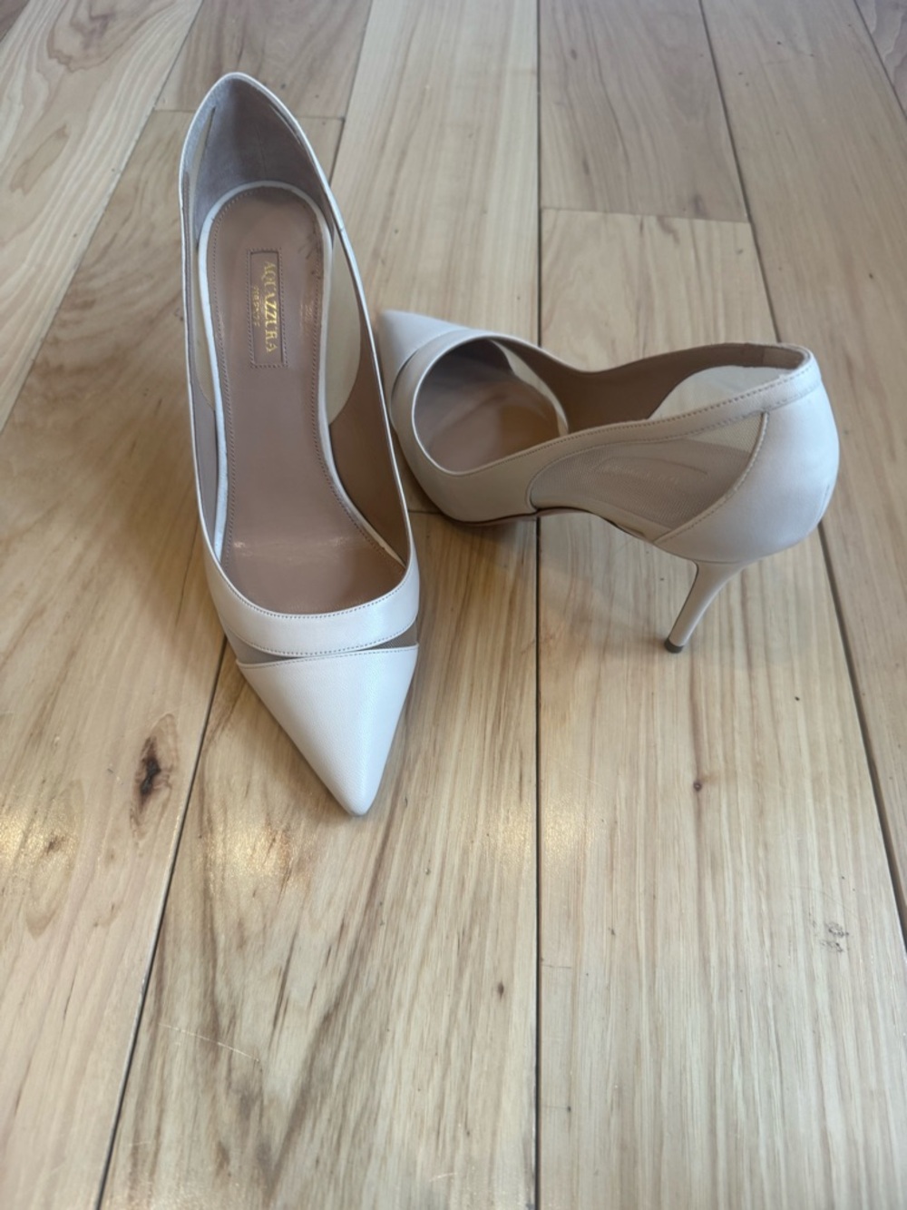 Aquazzura Ivory Pointed-Toe Mesh Panel Stiletto Pumps - Picture 3 of 15